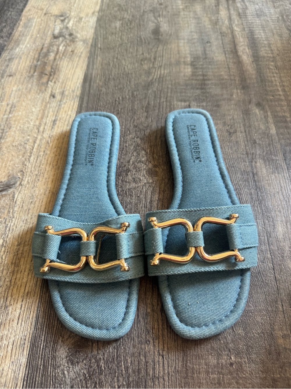 Cape Robbin Denim Slide Sandals with Gold Accent Hardware
